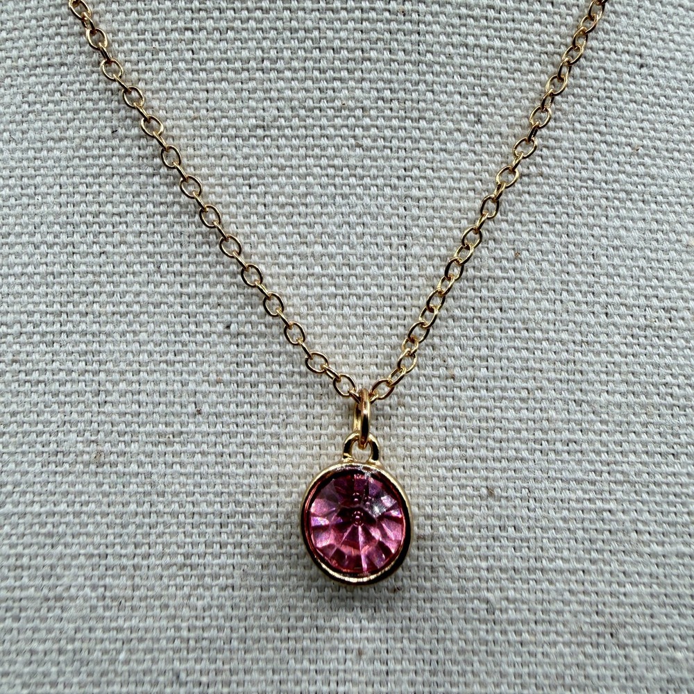 Gold Tone Pink Rhinestone Pendant Necklace Round Crystal Adjustable Chain Gift